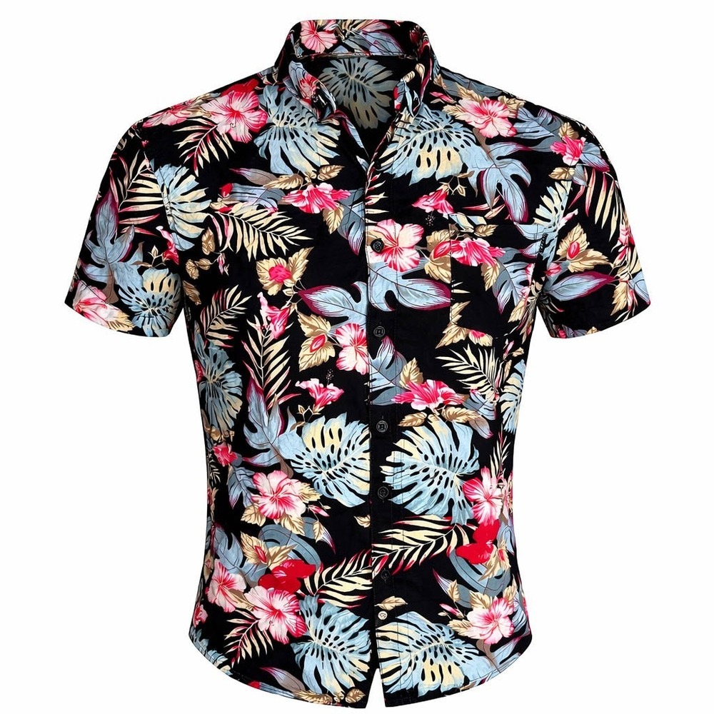 Molokai‎ Surf Co Hawaiian Aloha Shirt XL Tropical Flowers Floral Black Pink Blue
